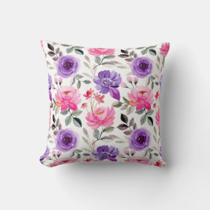 Vibrant Watercolor Floral Pattern in Pink & Purple Throw Pillow