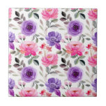 Vibrant Watercolor Floral Pattern in Pink & Purple Tile<br><div class="desc">Watercolor floral pattern with pink,  purple,  and red flowers,  accented by green and brown leaves,  on a white background,  creating a vibrant,  lively design.</div>