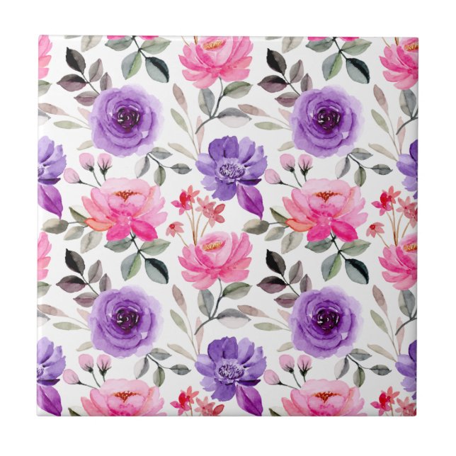 Vibrant Watercolor Floral Pattern in Pink & Purple Tile (Front)