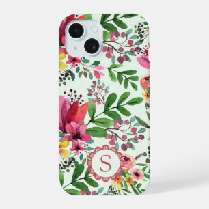 Vibrant Watercolor Floral Pretty Monogram iPhone 15 Case