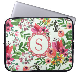 Vibrant Watercolor Floral Pretty Monogram Laptop Sleeve