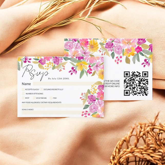 Vibrant Watercolor Floral Script Wedding QR RSVP Invitation (Vibrant Watercolor Floral Script Wedding QR RSVP Invitation)