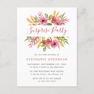 Vibrant Watercolor Floral Surprise Birthday Party Invitation Postcard