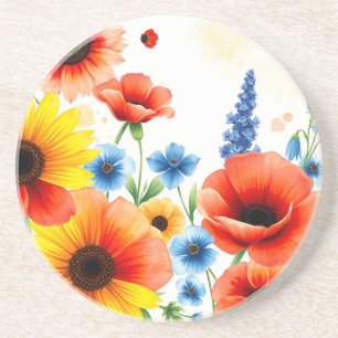 Vibrant Watercolor Flower Bouquet with Sunflowers Coaster