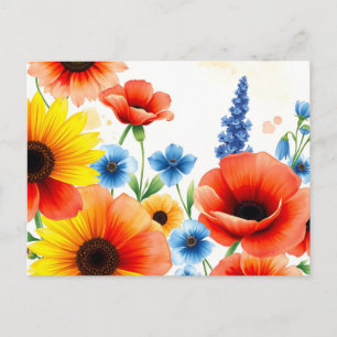 Vibrant Watercolor Flower Bouquet with Sunflowers  Postcard