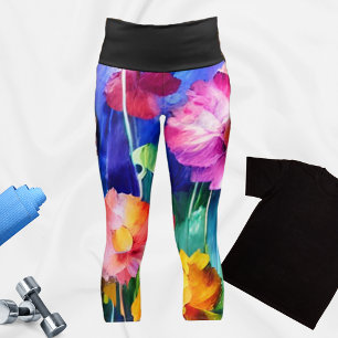 Vibrant Watercolor Flowers Capri Leggings