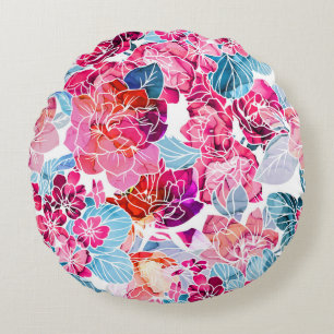Vibrant Watercolor Flowers Pattern Round Pillow