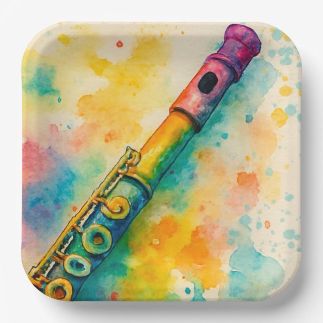 Vibrant Watercolor Flute  Paper Plate (Front)