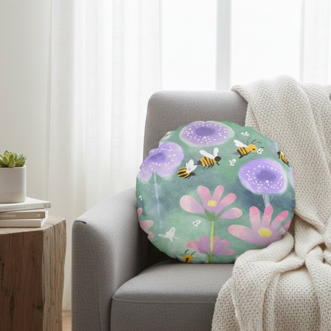 Vibrant Watercolor Garden With Bees Flowers Round  Round Pillow (Creator Uploaded)