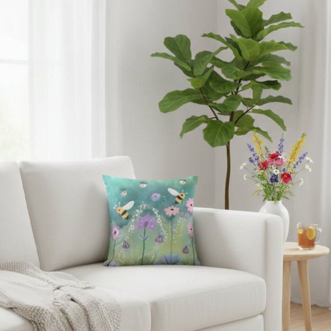 Vibrant Watercolor Garden With Bees Flowers  Throw Pillow (Creator Uploaded)