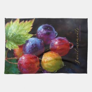 Vibrant Watercolor Grapes and Dew Drops Kitchen Towel
