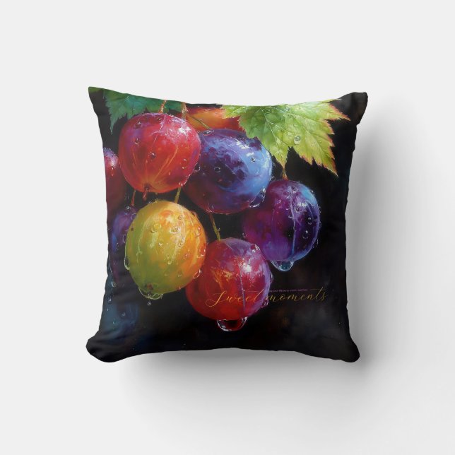 Vibrant Watercolor Grapes and Dew Drops Throw Pillow (Front)