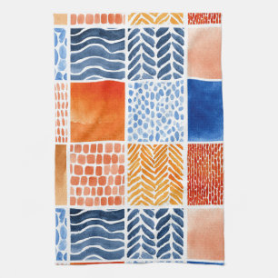 Vibrant Watercolor Grid Pattern in Blue & Orange Kitchen Towel