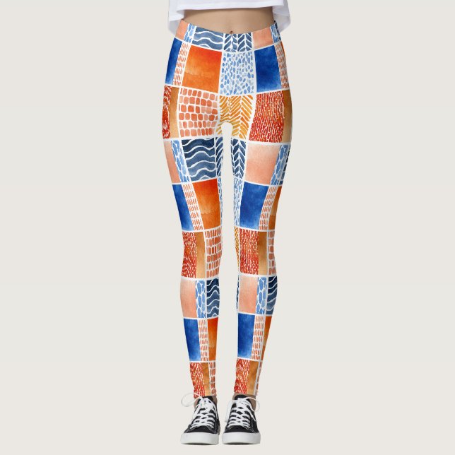 Vibrant Watercolor Grid Pattern in Blue & Orange Leggings (Front)