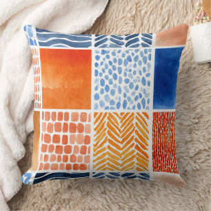 Vibrant Watercolor Grid Pattern in Blue & Orange Throw Pillow