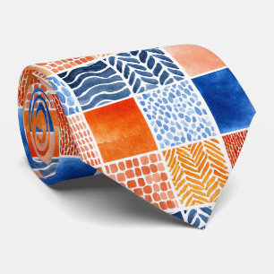 Vibrant Watercolor Grid Pattern in Blue & Orange Tie