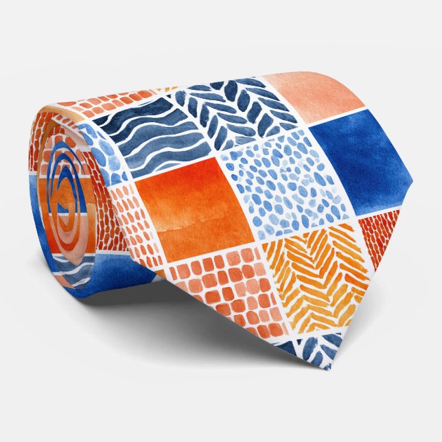 Vibrant Watercolor Grid Pattern in Blue & Orange Tie (Rolled)