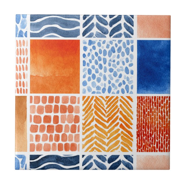 Vibrant Watercolor Grid Pattern in Blue & Orange Tile (Front)