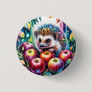 Vibrant Watercolor Hedgehog with Autumn Apples 1 Inch Round Button