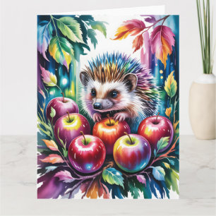 Vibrant Watercolor Hedgehog with Autumn Apples Card