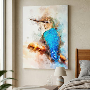 Vibrant Watercolor Hummingbird Bird on a branch Canvas Print