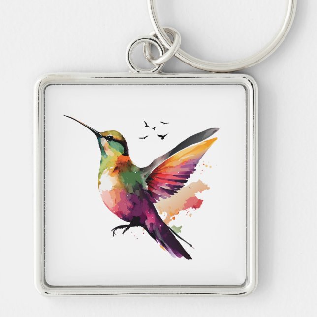 Vibrant Watercolor Hummingbird Illustration Keychain (Front)