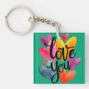 Vibrant Watercolor Love: Hand-Lettered "Love You" Keychain
