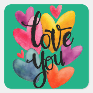 Vibrant Watercolor Love: Hand-Lettered "Love You" Square Sticker