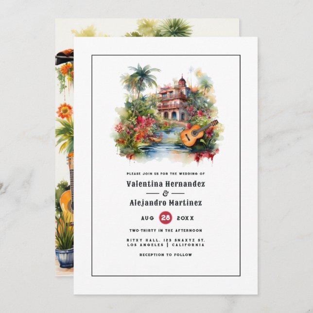 Vibrant Watercolor Mexican Fiesta Wedding Theme Invitation (Front/Back)