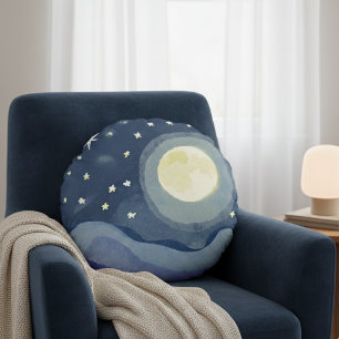 Vibrant Watercolor Moon Star Shining  Round Pillow