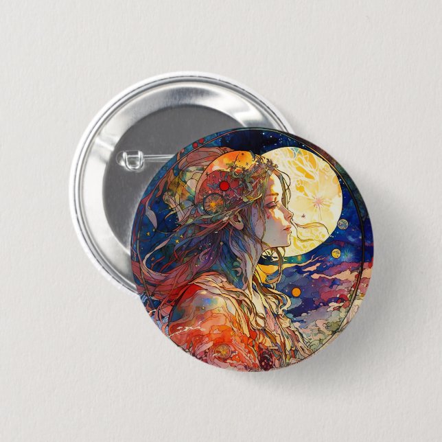 Vibrant Watercolor of Girl and Moon Button (Front & Back)