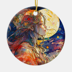 Vibrant Watercolor of Girl and Moon Ornament