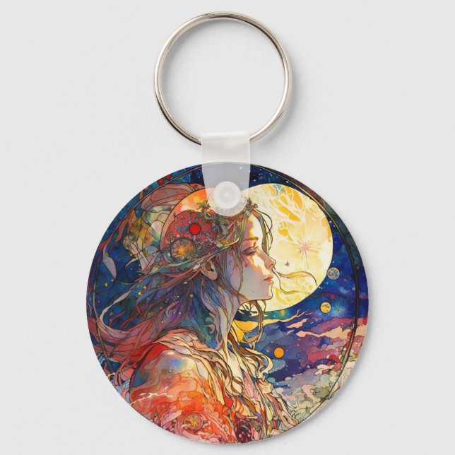 Vibrant Watercolor of Girl & Moon Keychain (Front)