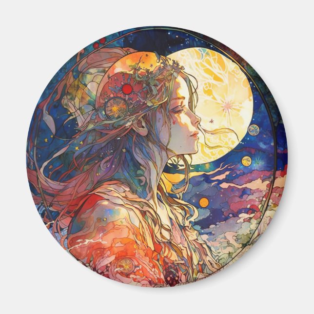 Vibrant Watercolor of Girl & Moon Magnet (Front)