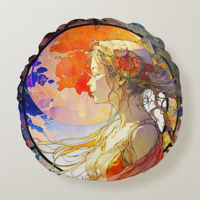 Vibrant Watercolor of Girl Round Pillow (Front)