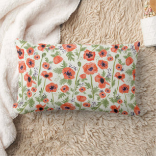 Vibrant Watercolor Orange Poppies Floral Pattern Lumbar Pillow