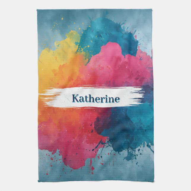 Vibrant Watercolor Paint Splash with Custom Name Kitchen Towel (Vertical)