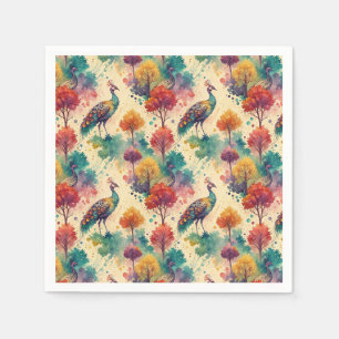 Vibrant Watercolor Peacock Forest Painting Pattern Napkin