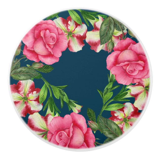 Vibrant Watercolor Pink Floral Wreath Illustration Ceramic Knob (Front)