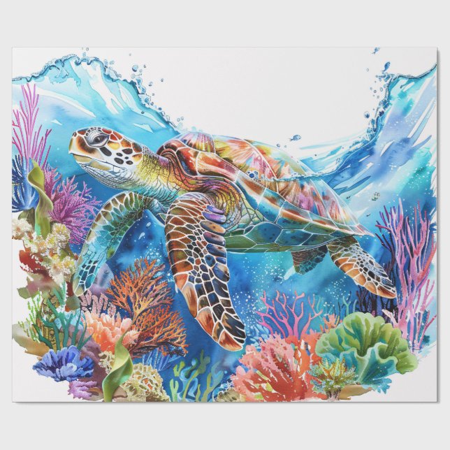 Vibrant Watercolor Sea Turtle Decoupage Wrapping Paper (Flat)