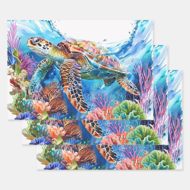 Vibrant Watercolor Sea Turtle Decoupage Wrapping Paper Sheet (Set)