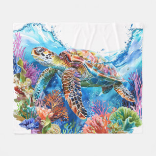 Vibrant Watercolor Sea Turtle Fleece Blanket