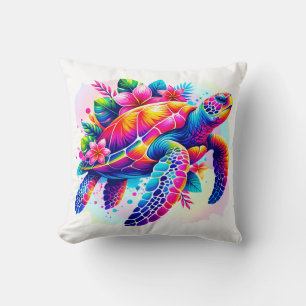 Vibrant Watercolor Sea Turtle, Tropical Flowers Throw Pillow