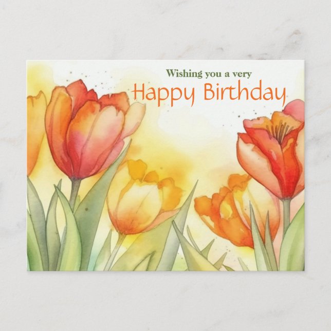 Vibrant Watercolor Tulip Happy Birthday  Postcard (Front)