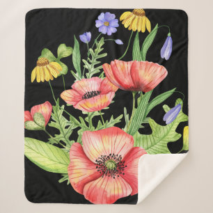 "Vibrant Watercolor Wildflowers on Black Canvas  Sherpa Blanket