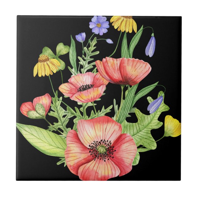 "Vibrant Watercolor Wildflowers on Black Canvas  Tile (Front)