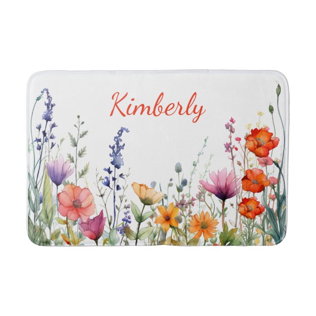 Vibrant Watercolor Wildflowers Personalized Bath Mat (Front)