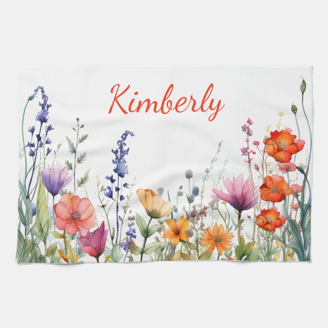 Vibrant Watercolor Wildflowers Personalized Kitchen Towel (Horizontal)