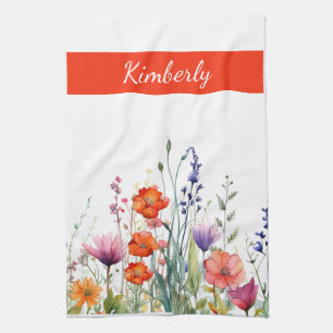 Vibrant Watercolor Wildflowers Personalized Kitchen Towel