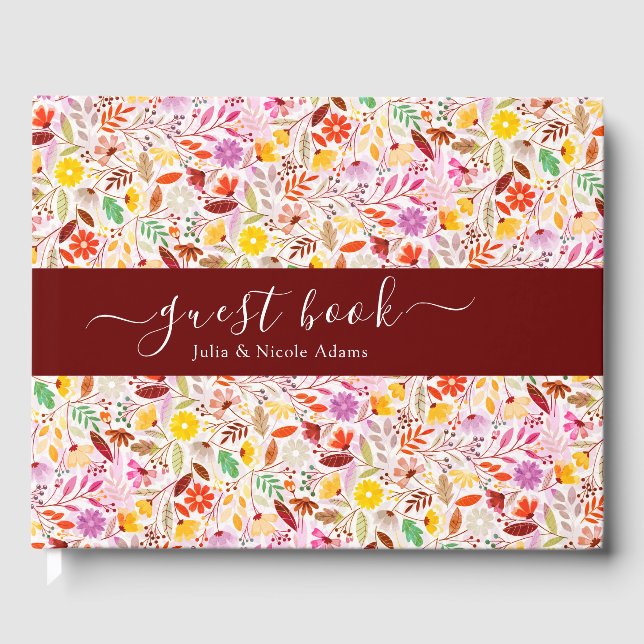 Vibrant Watercolors Summer Tulip Flowers Wedding Guest Book (Front)